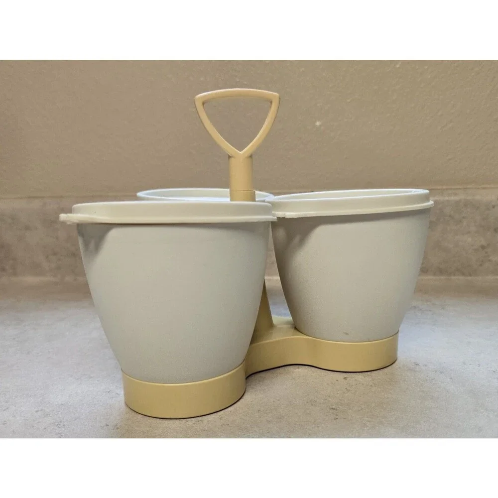 VTG Tupperware Condiment Relish Caddy Set Yellow Base with Cups and Lids